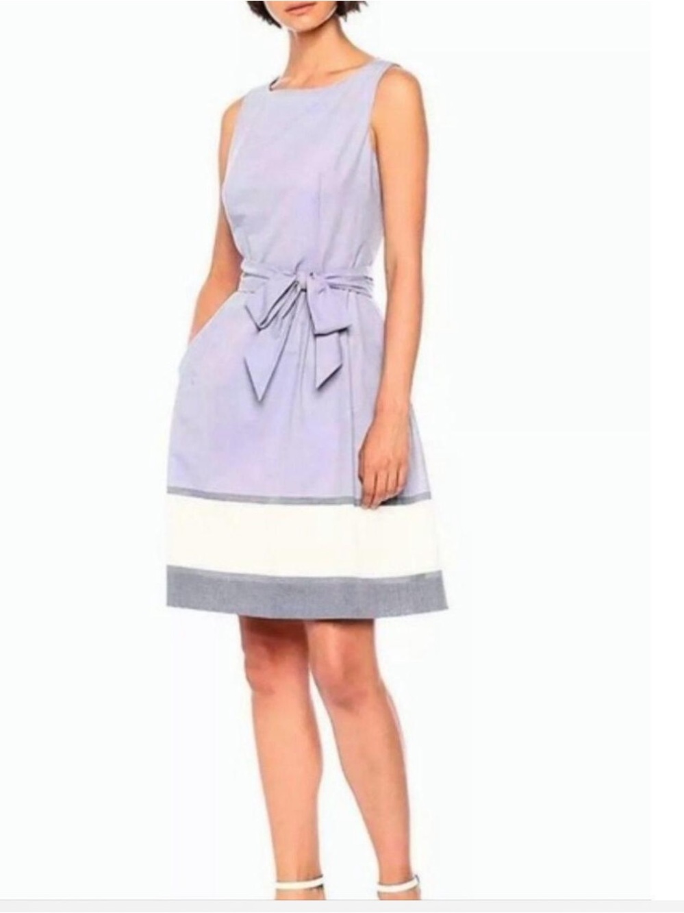 Anne Klein blue Sleeveless Belted Midi Dress with White & Navy Hem - Picture 5 of 7
